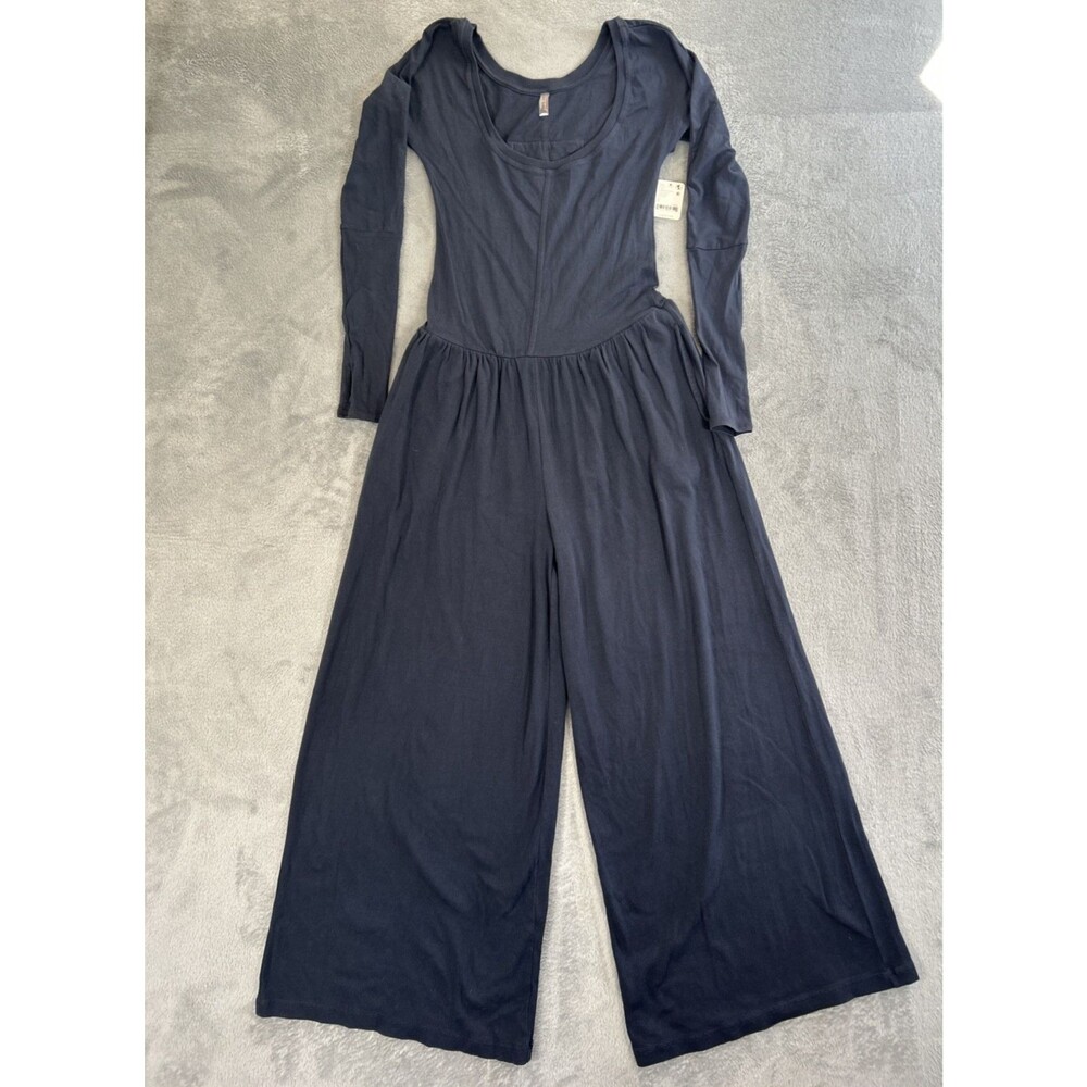 FP Movement Hot Shot Jumpsuit Womens Small Wide Leg Long Sleeve One Piece Blue